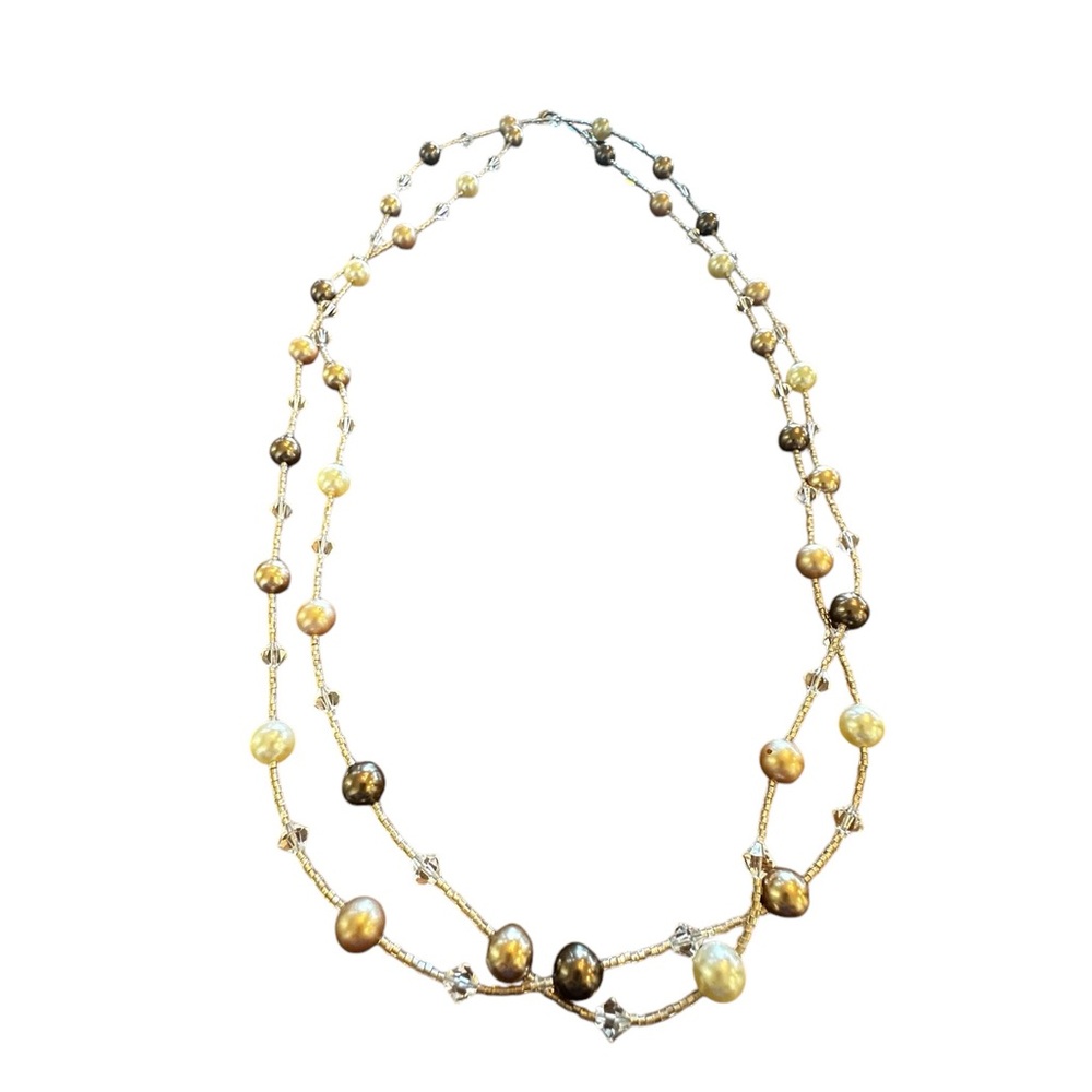 Extra long crystal and pearl bugle bead necklace.